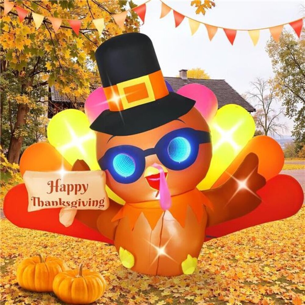6FT Thanksgiving Inflatables Funny Turkey with 3D Color-Changing Tunnel